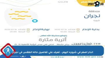 إنذار أصفر في شرورة اليوم.. تعرف على تفاصيل حالة الطقس في نجران